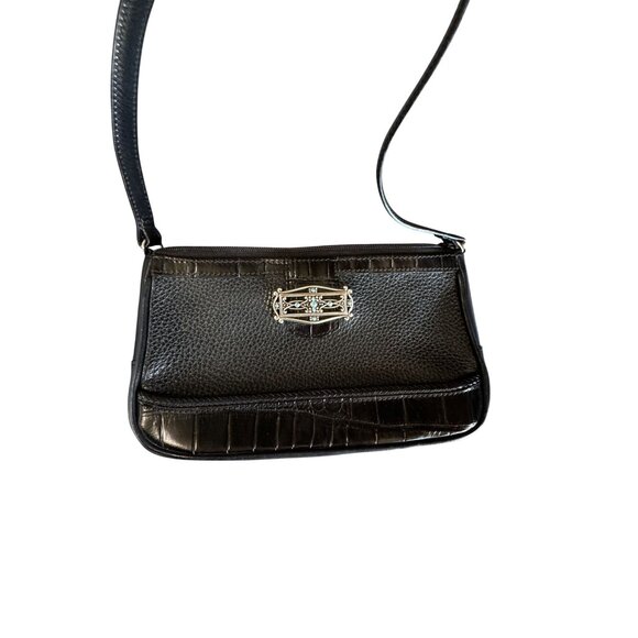 Brighton Black Leather Shoulder Bag 9" x 5" Turquoise Accent Medallion Croc Trim - Picture 4 of 8